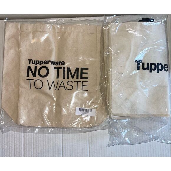 Tupperware Canvas Tote Bags Set Of 2  – “No Time to Waste” Logo Reusable Grocery - Picture 1 of 5